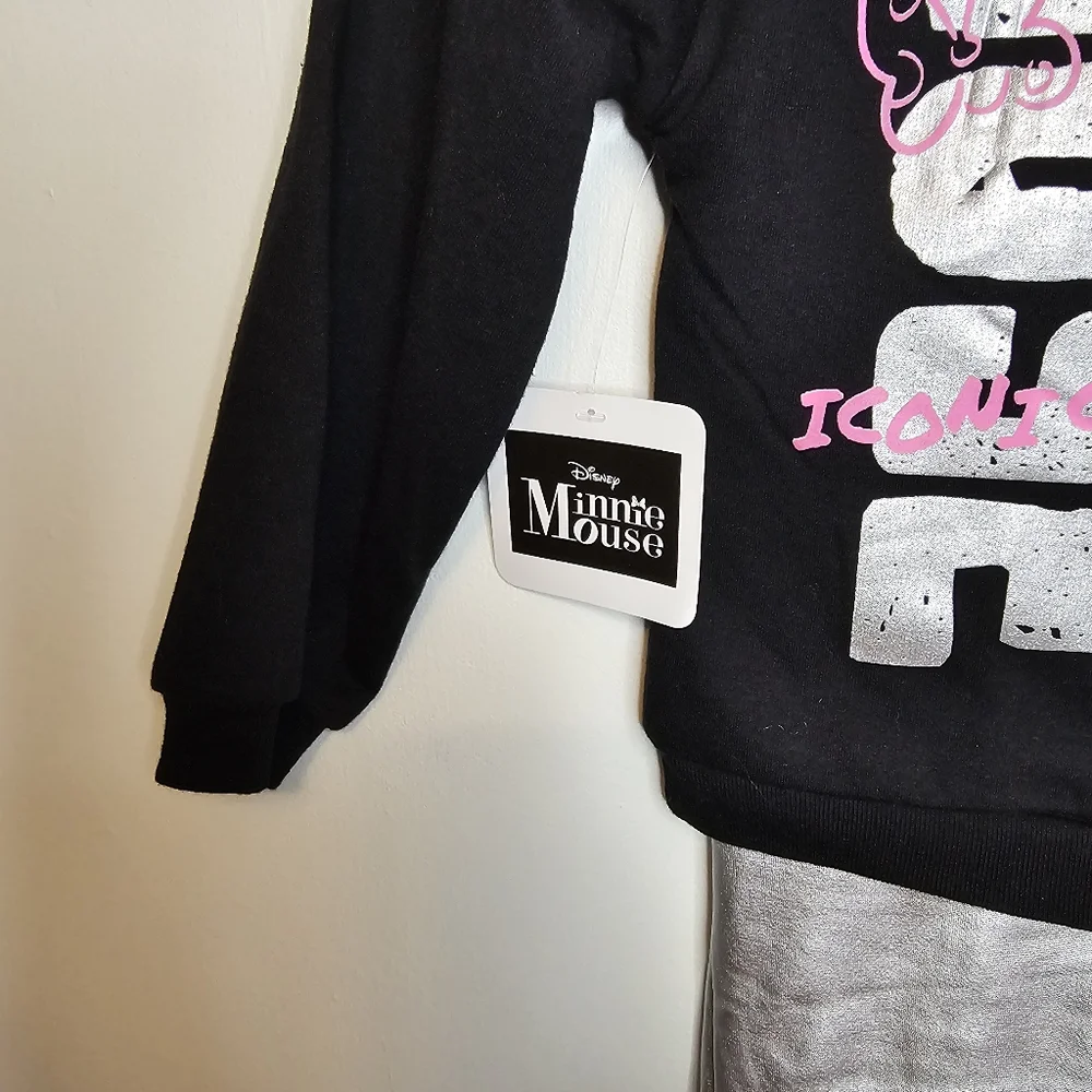 NWT Disney Minnie Mouse Outfit Set Black Sweatshirt Silver Metallic Leggings 5